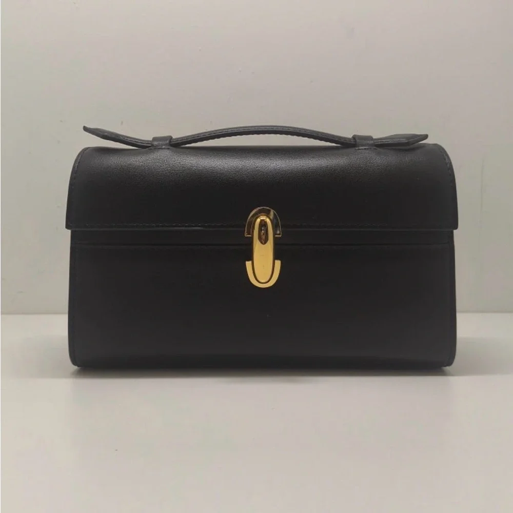 Savette‎ Black Leather Symmetry Top Handle Clutch Bag